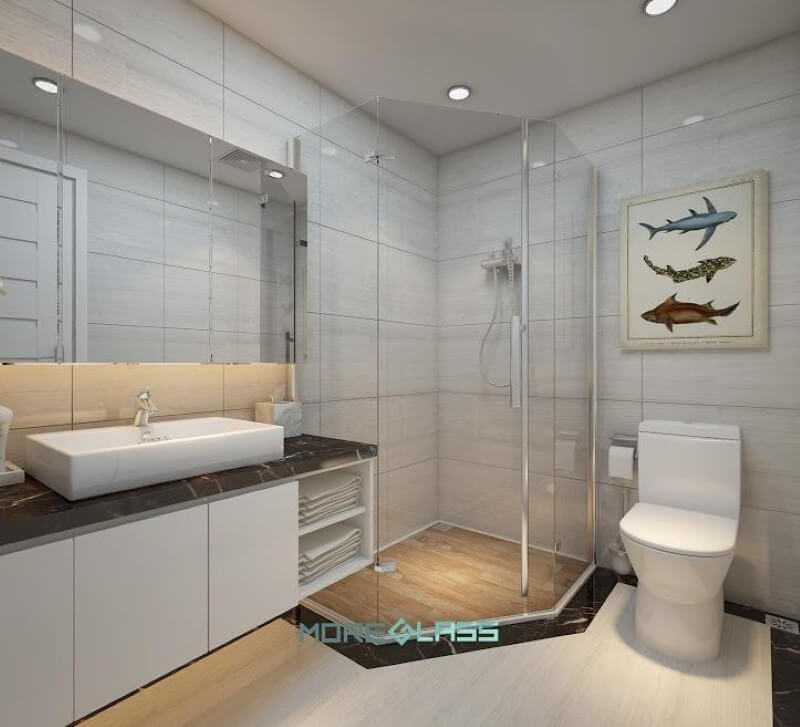 Thiết kế, thi công gương dán cánh tủ kết hợp vách tắm kính 135 độ MG-013 cho một không gian phòng tắm sang trọng. Thiết kế phòng tắm